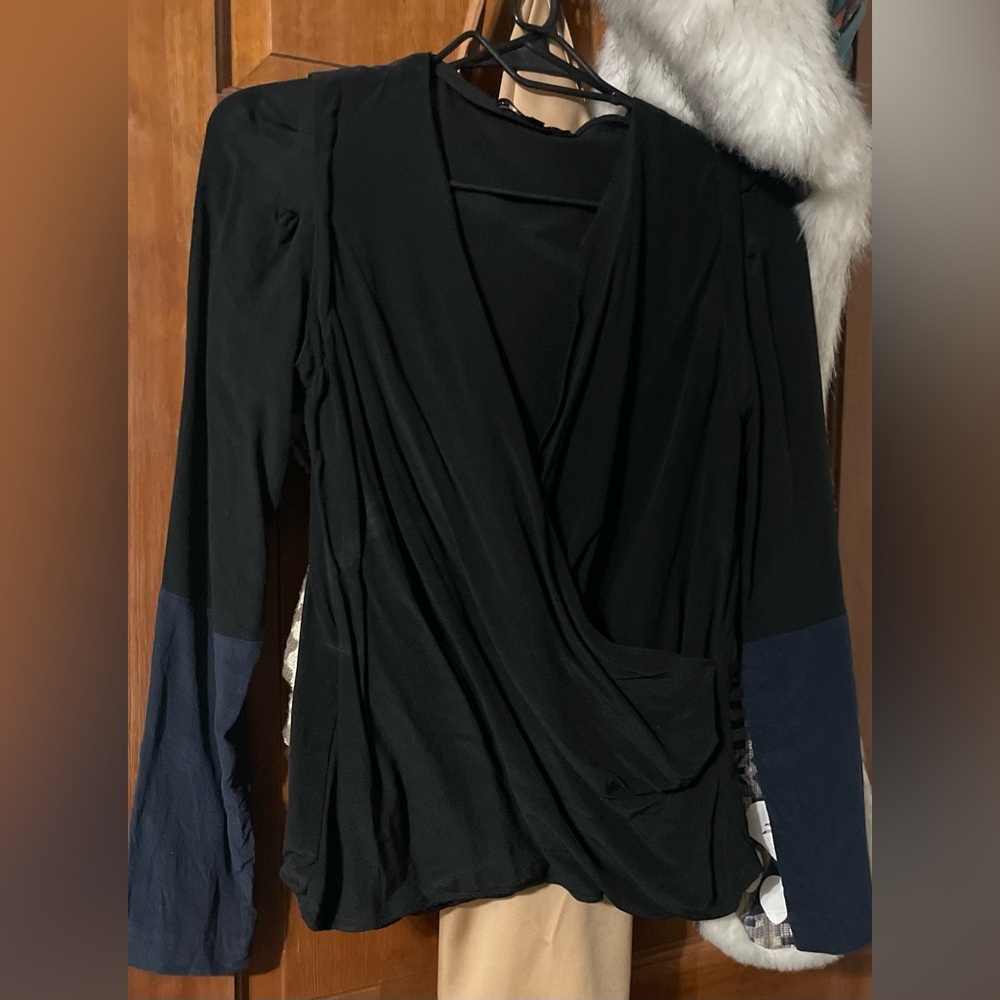 Make 100% Silk color-block drape faux wrap blouse.